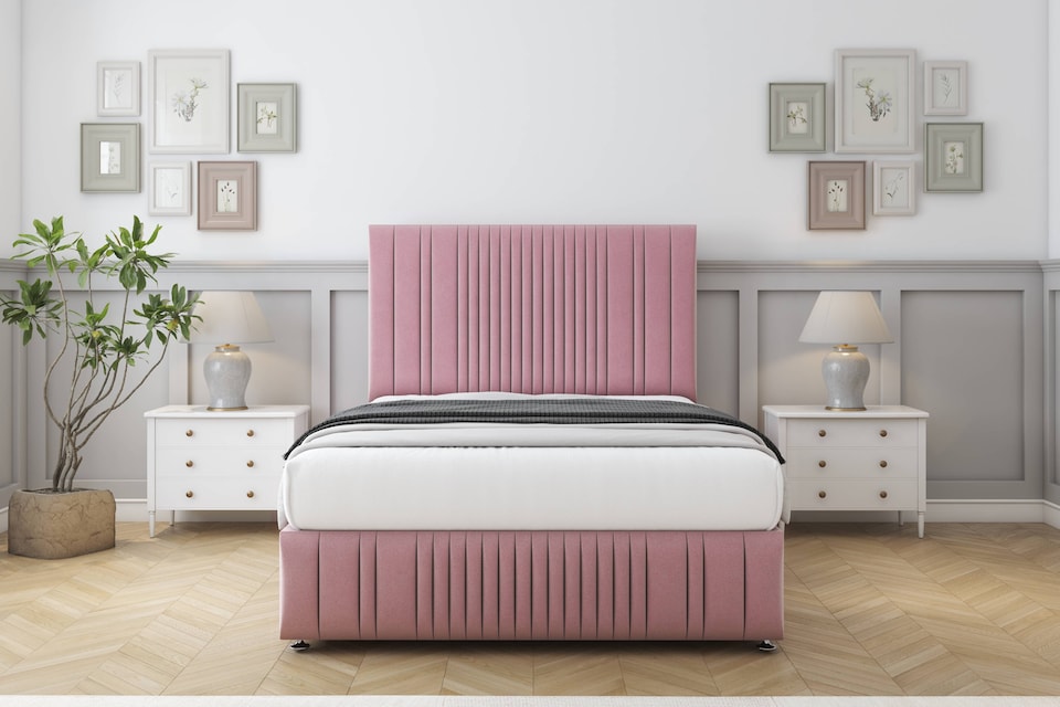 image 1 of Sloomy Kingsley Pink Plush Divan Bed Base No Drawers With 26 Inch Strutted Headboard & 12 Inch Matching Footboard | Pink | Pink | Small Single | 1
