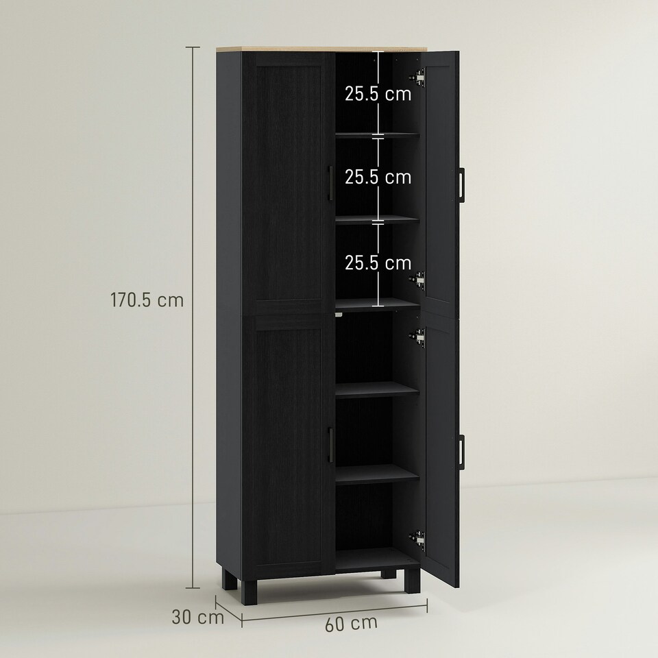 image 1 of HOMCOM Modern Kitchen Cupboard Storage Cabinet with 4 Shelves, Black Black | Natural wood top