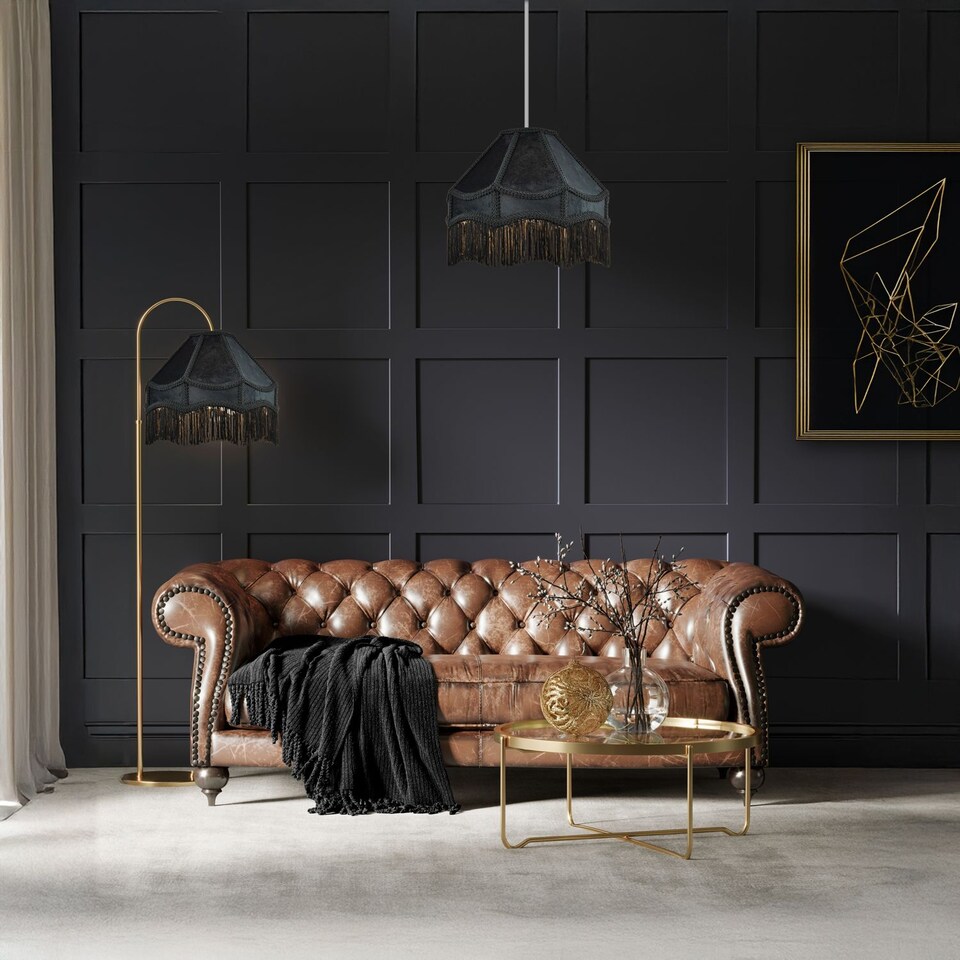 image 1 of Traditional Victorian Empire Lamp Shade in Jet Black Velvet with Long Tassels | Black | Black | 1