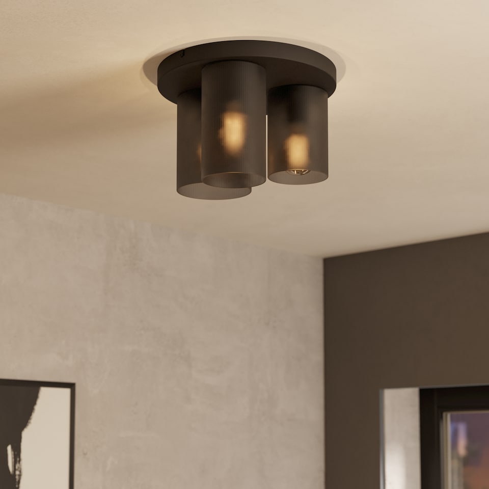 image 1 of EGLO Colomera Black Glass & Steel Flush Mount Ceiling Light