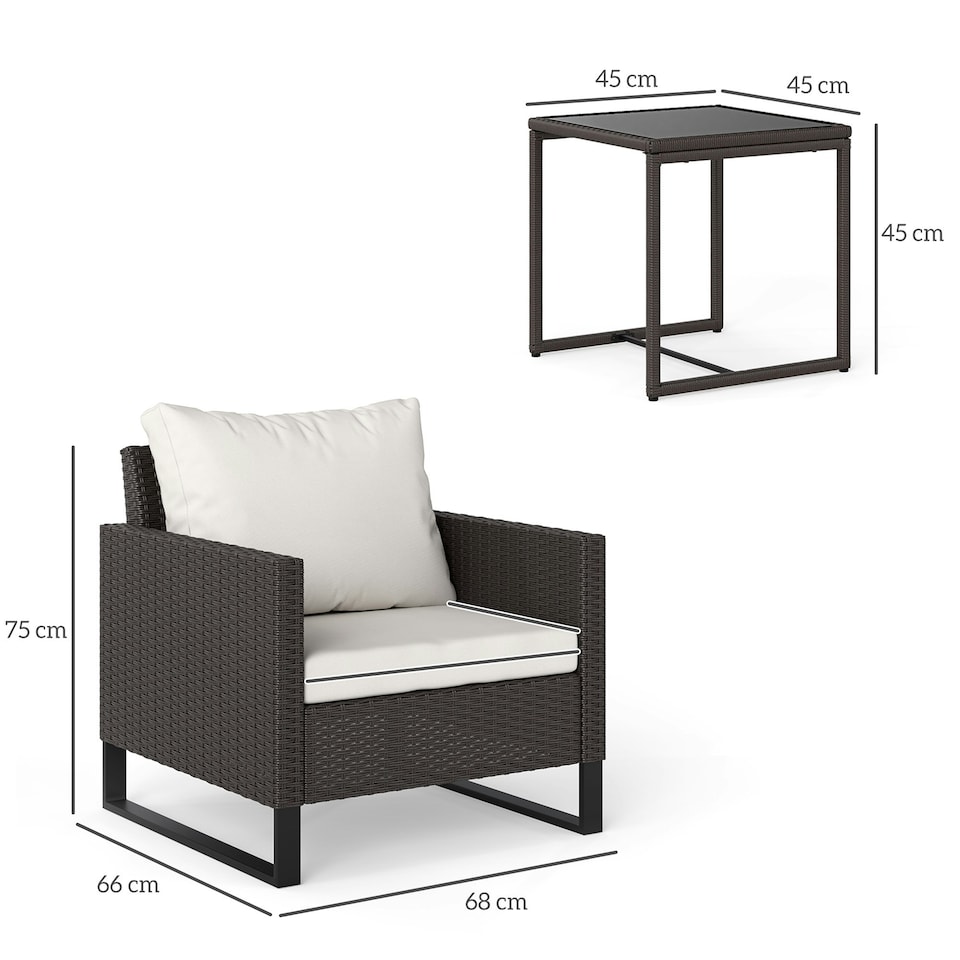 image 1 of Outsunny 3PCS Rattan Bistro Glass Top Table and Chairs Set with 4 Cushions