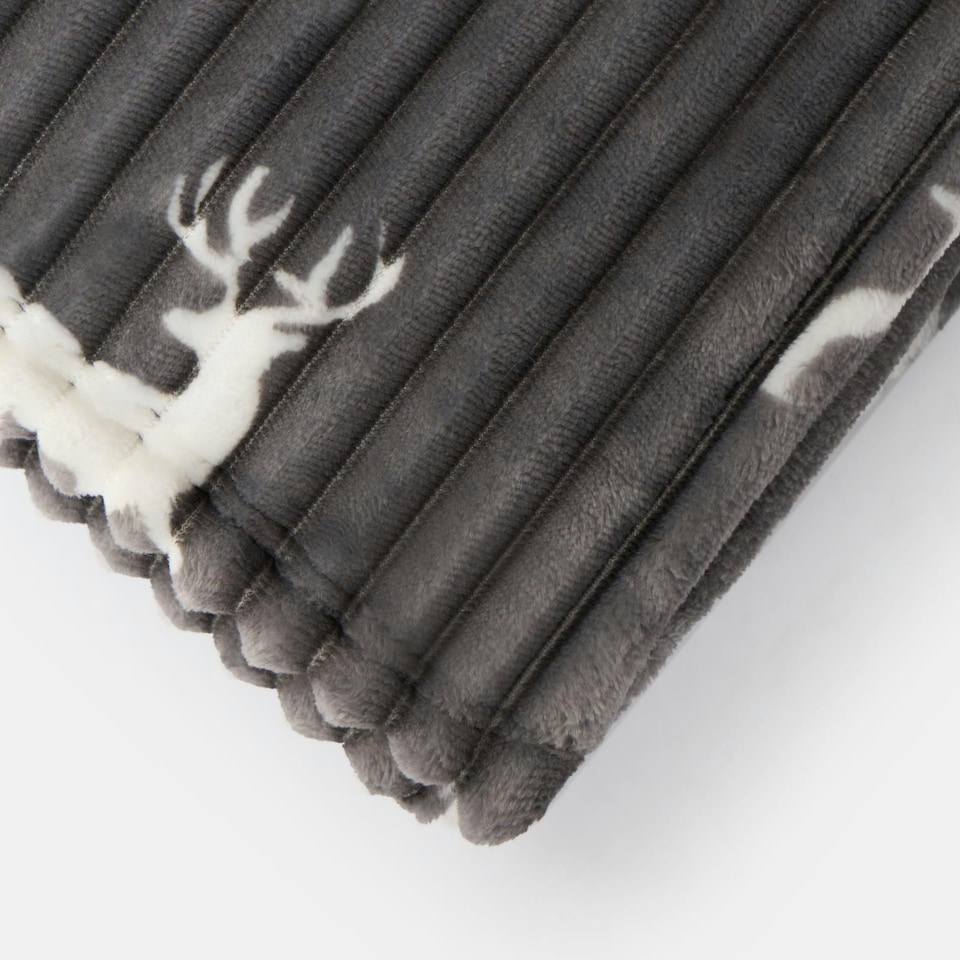 image 1 of OHS Christmas Stag Ribbed Sherpa Fleece Reverse Soft Warm Blanket Throw, Grey - 125x160cm