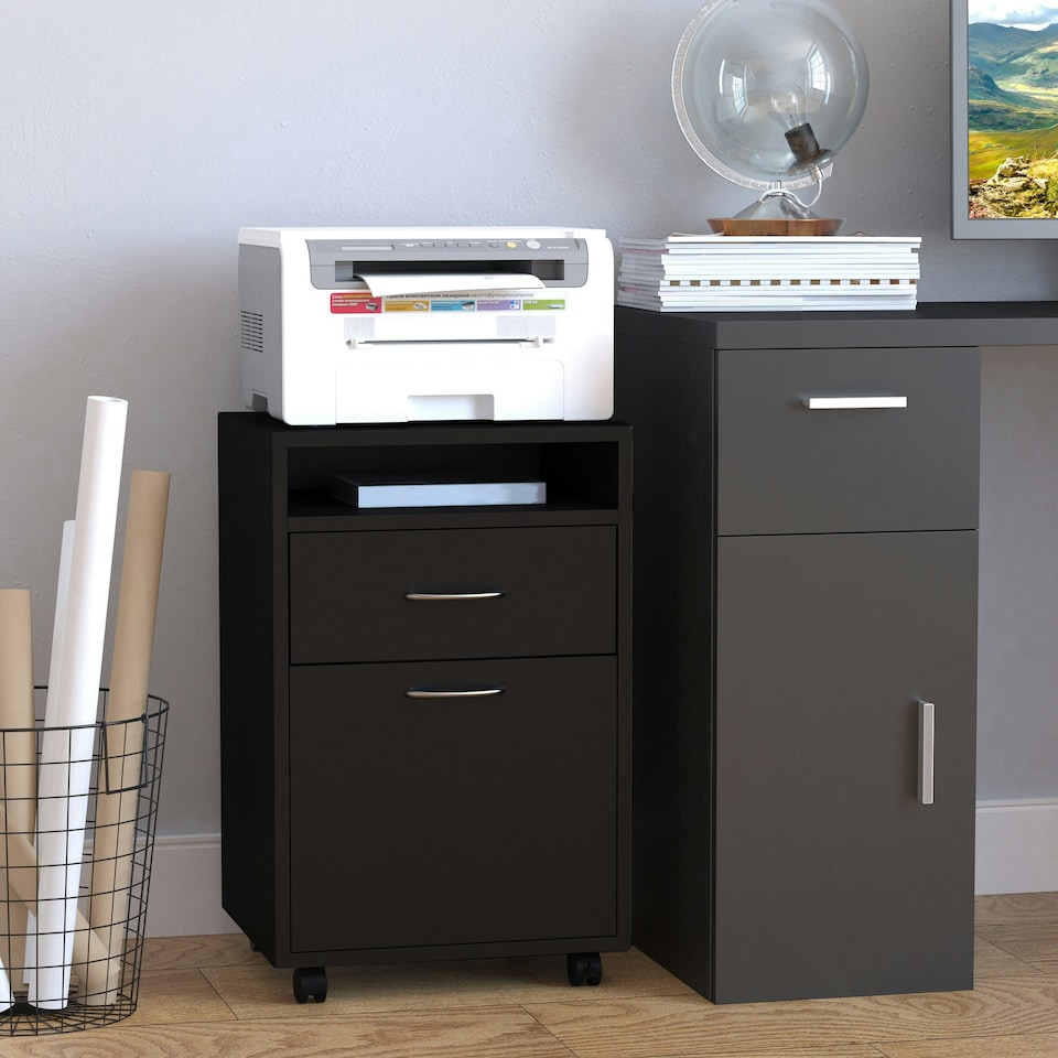 image 1 of HOMCOM Filing Cabinet with Drawers and Open Shelf, 60cm, Black