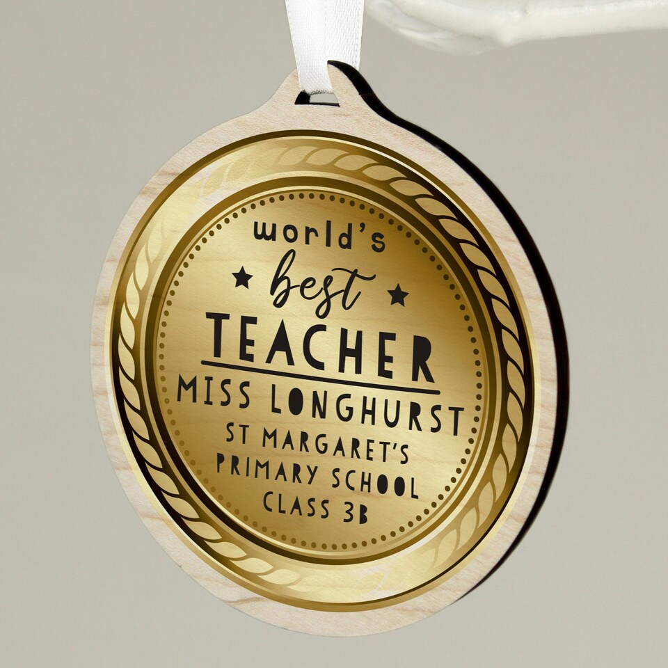 image 1 of Personalised WorldÂ’s Best Teacher Round Wooden Medal