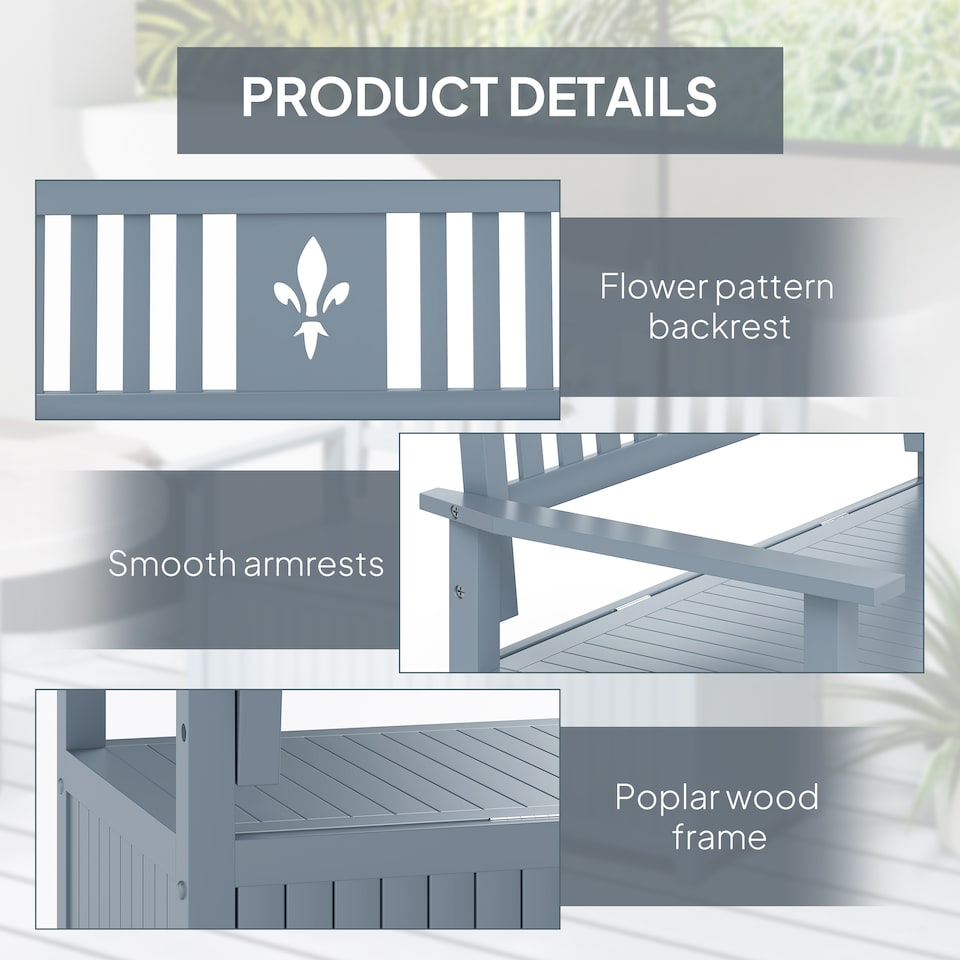 image 1 of Outsunny 2 Seater Garden Storage Bench, 164L Outdoor Storage Box with Backrest Flower Pattern, Wooden Garden Bench with Armrests, 125 x 68.5 x 97cm, Grey | Grey | Grey