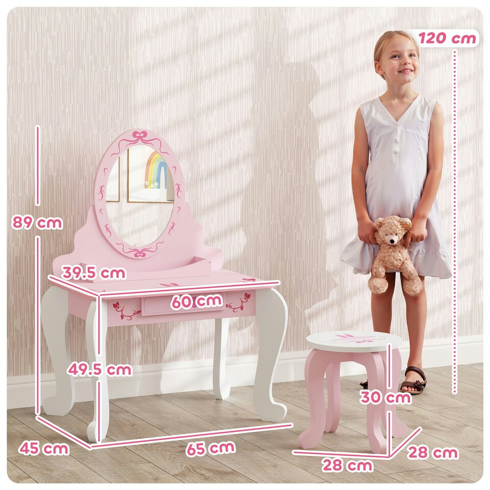 image 1 of AIYAPLAY Kids Dressing Table Set, 2 PCS Children Vanity Table with Stool Pink