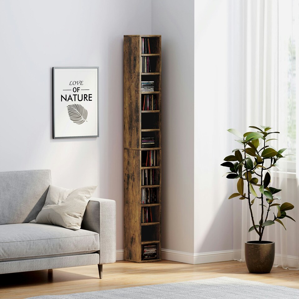 image 1 of HOMCOM 204 CD Storage Tower Tall Bookcase Bookshelf with Cubes Rustic Brown