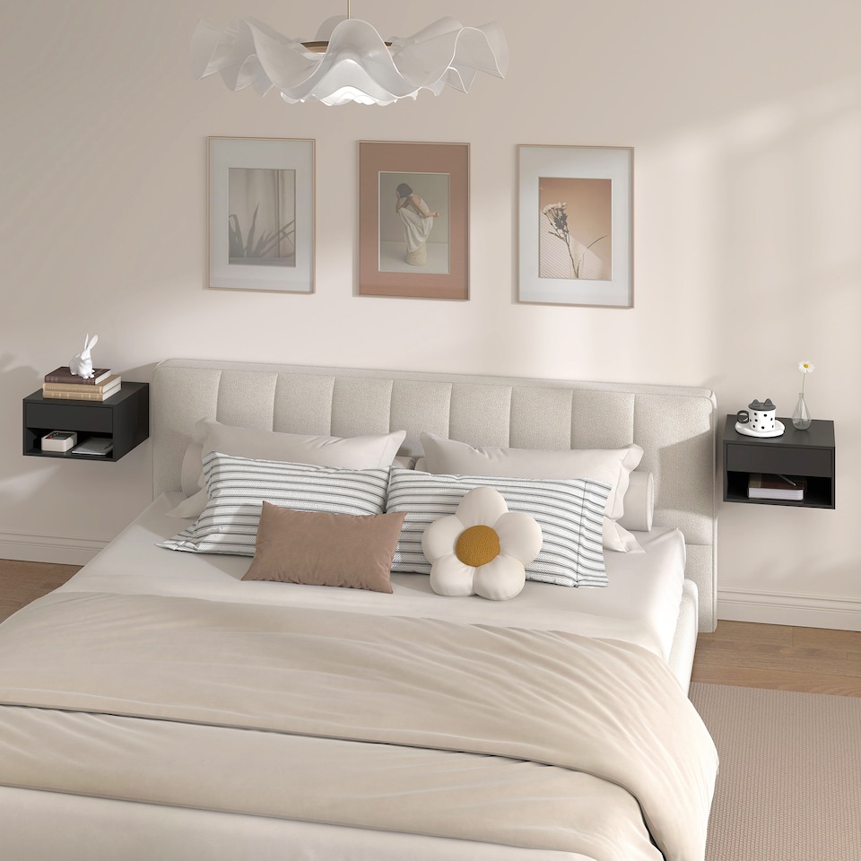image 1 of HOMCOM Floating Nightstands Set of 2, Bedside Table w/ Drawer and Open Shelf