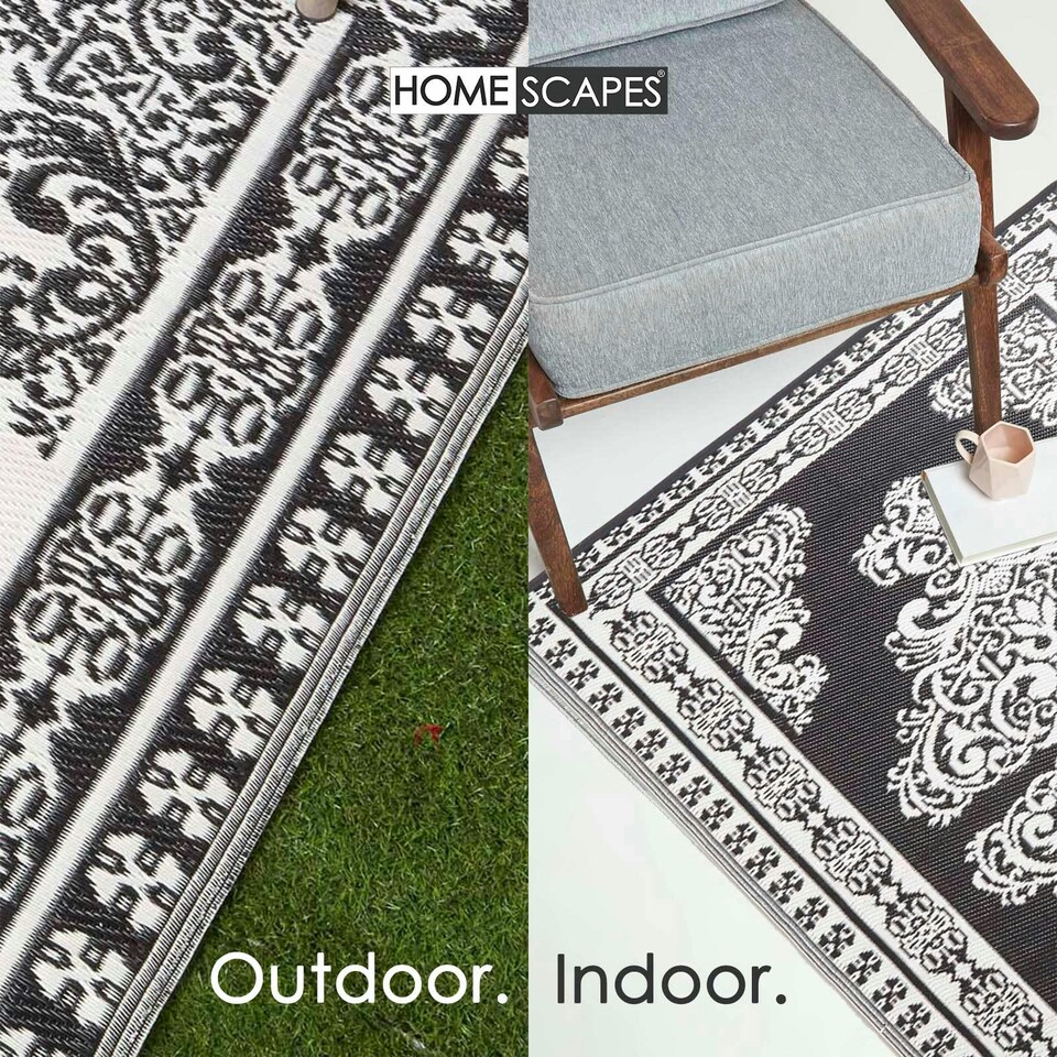 image 1 of Homescapes Outdoor Rug Luxury Waterproof Reversible, For Garden, Motif | Black | Black and White