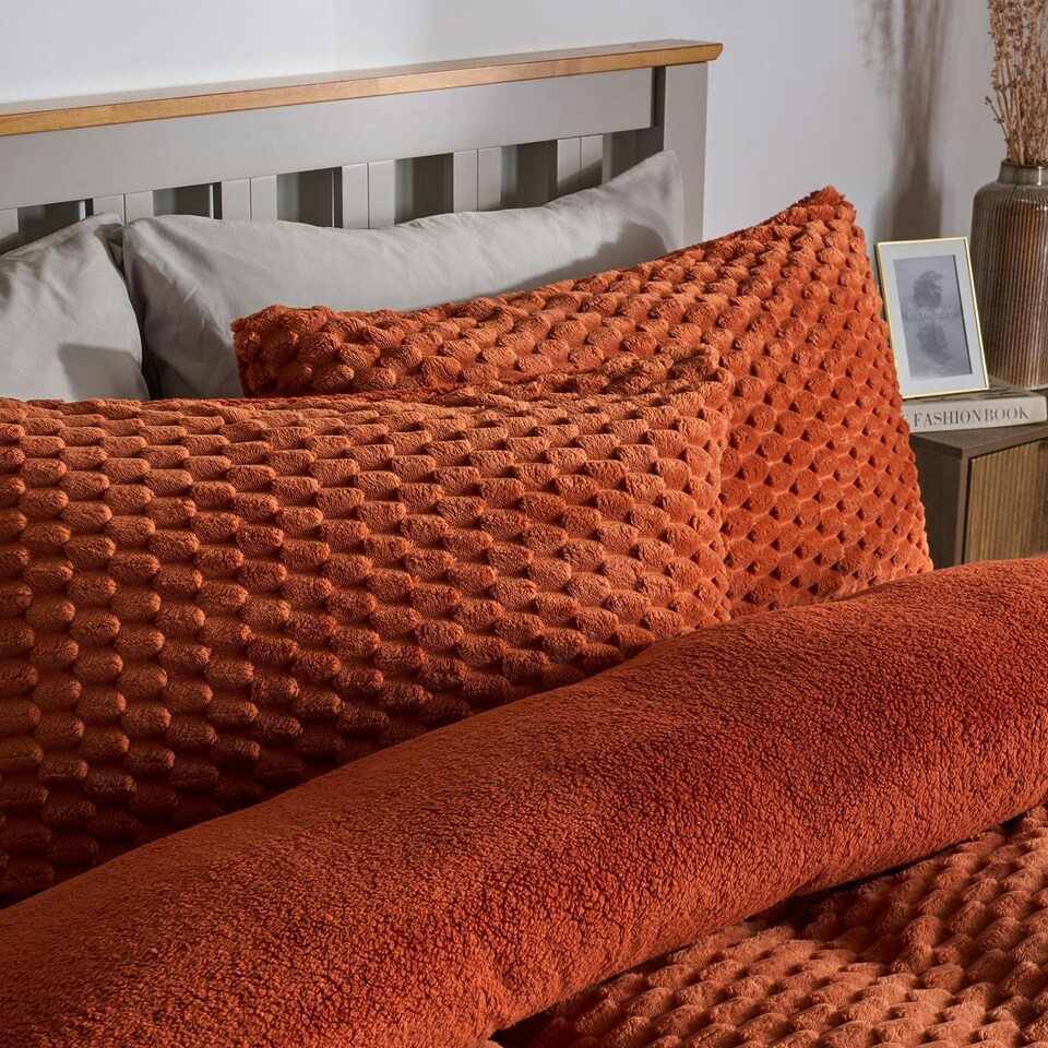 image 1 of OHS Luxury Waffle Textured Fleece Duvet Cover and Pillowcase Bedding Set Orange | Orange | Rust | Double