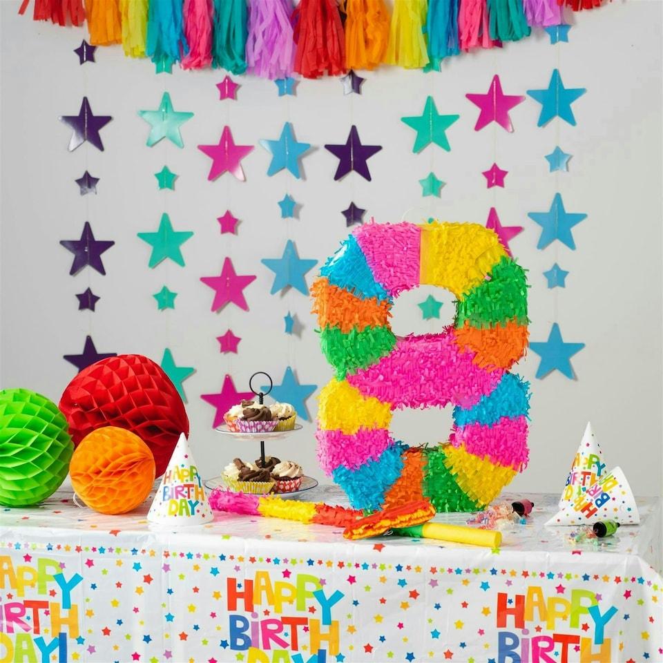 image 1 of Fax Potato Number 8 Pinata Set with Stick & Blindfold - Pink Stick