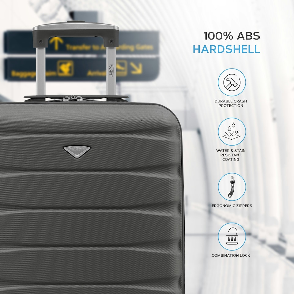 image 1 of Flight Knight Cabin Suitcase 56x36x23cm - 30+ Airlines Approved - British Airways, EasyJet- Lightweight 4 Wheel Carry On Hard Shell Hand Luggage Grey | Charcoal | Cabin Bag