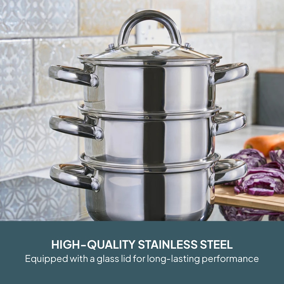 image 1 of Cooks Professional 3 Tier Stainless Steel Steamer Pan - Suitable for All Hobs | Silver | 1