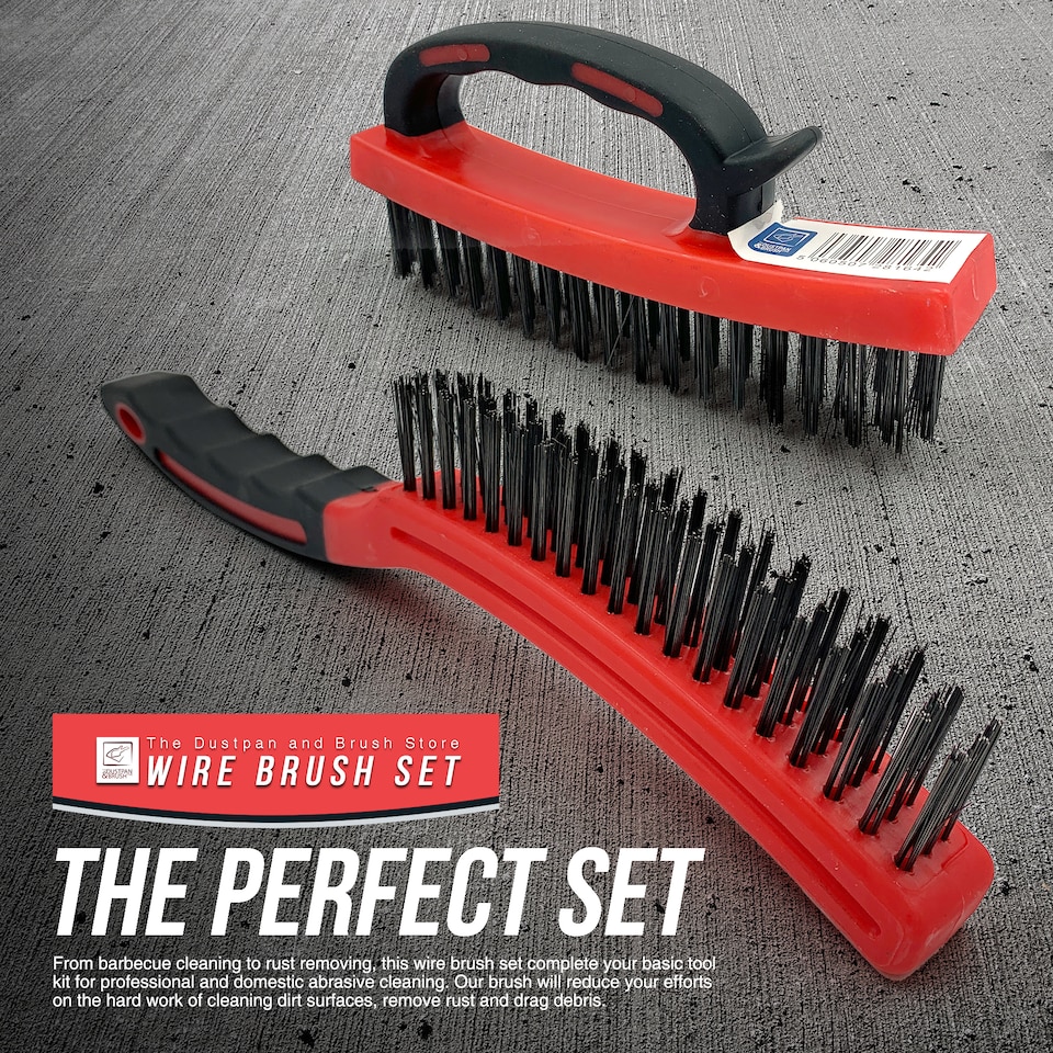 image 1 of Heavy Duty Wire Brush Set Steel Bristle Long Handle, D-Grip Block Rust & Paint Removal Kit