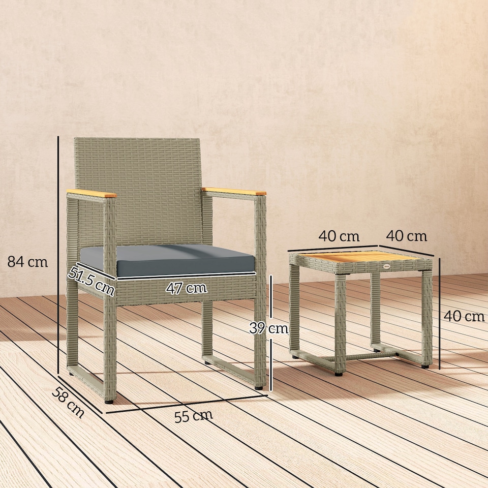 image 1 of Outsunny 3-Piece Rattan Bistro Set, Patio Table and Chairs Set with Removable Cushions, Rattan Conversation Set with Acacia Wood Table & Adjustable Foot Pads for Garden Balcony, Grey