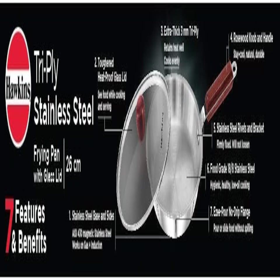 image 1 of Hawkins Triply 3 mm Stainless Steel Frying Pan Glass with Lid