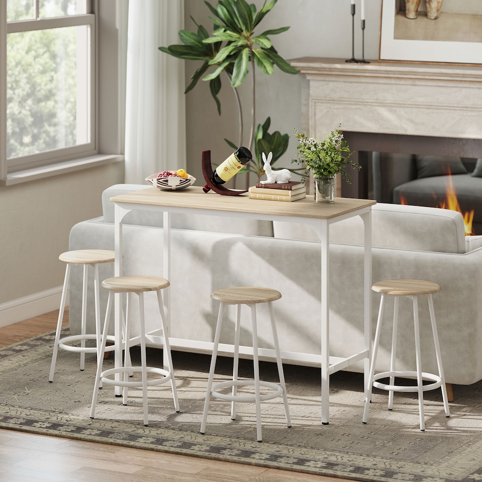 image 1 of HOMCOM 5 Piece Bar Table and Stools Set with Metal Frame Natural Wood | White | Natural wood and white | Fits up to 4 people