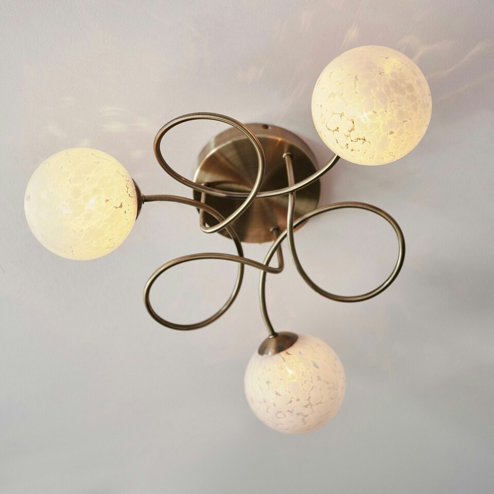 image 1 of Delos 3 Light Multi Arm Glass Semi Flush Ceiling Lamp Antique Brass
