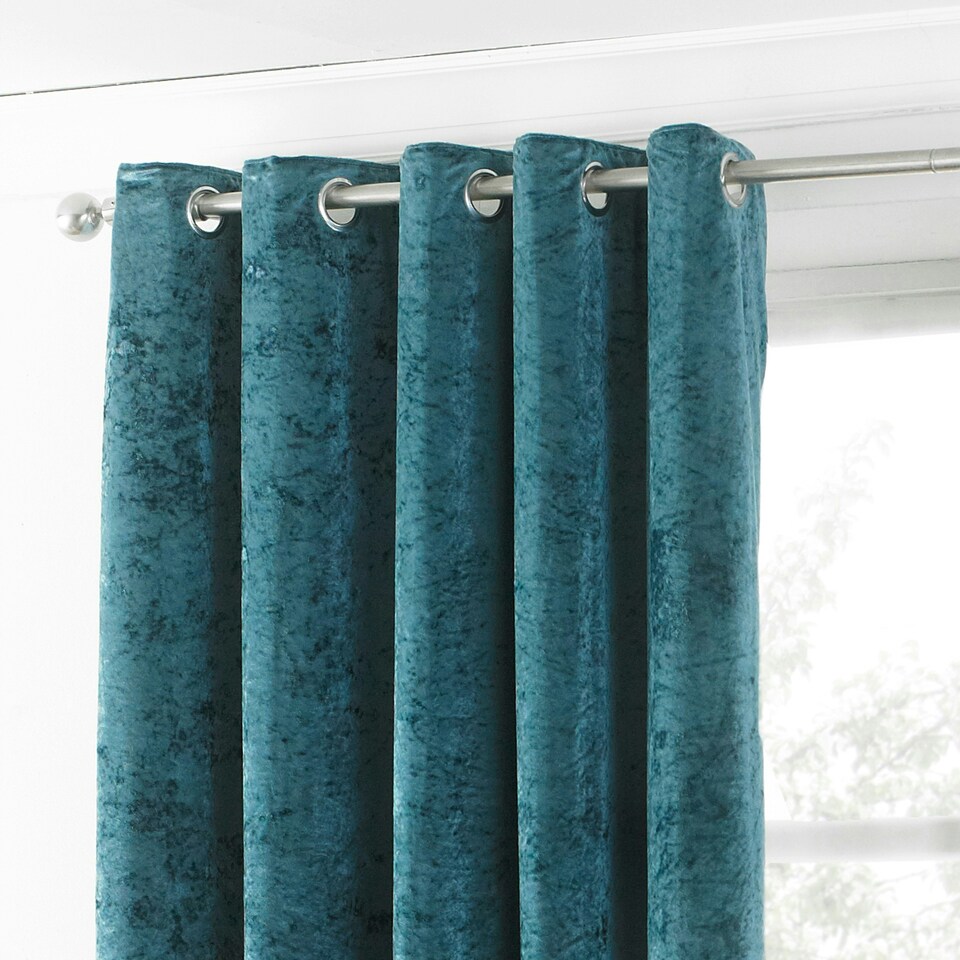 image 1 of Paoletti Verona Crushed Velvet Teal Eyelet Curtains 168 x 229cm