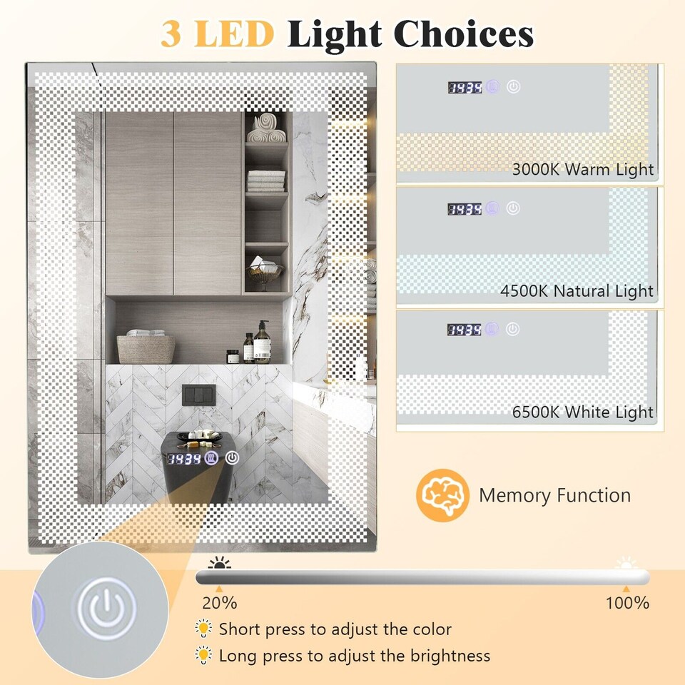 image 1 of COSTWAY Bathroom  Vanity Mirror Wall Mirror 3 Colors LED Lights