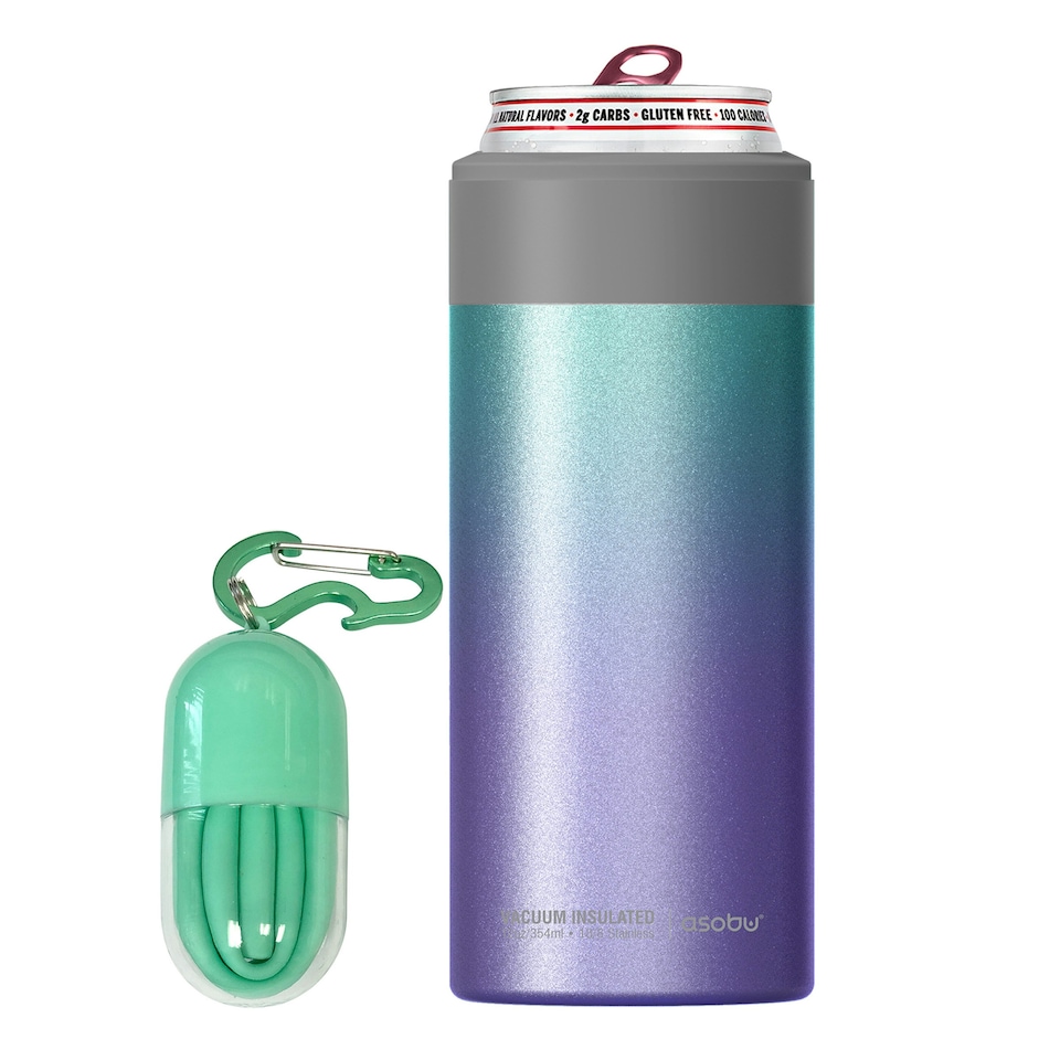 image 1 of Asobu Skinny Can Kuzie Insulated Stainless Steel Sleeve 350ml Unicorn/Teal
