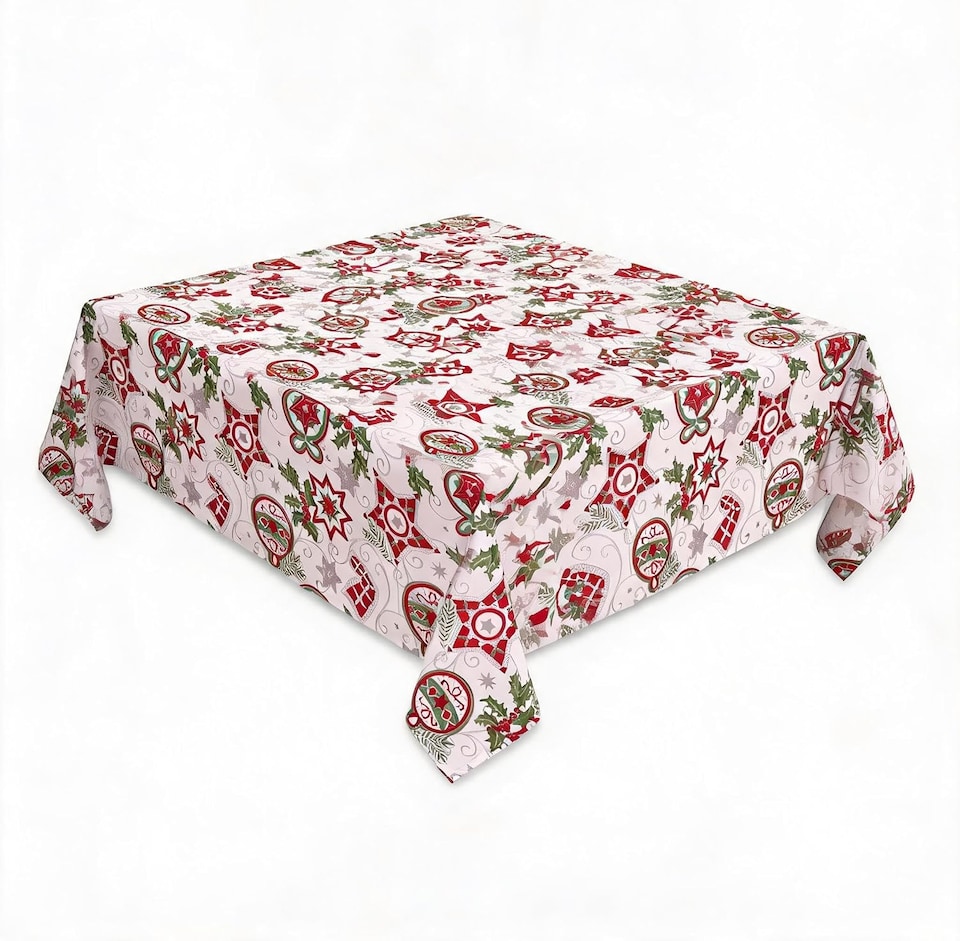 image 1 of London Boutique White Christmas Tablecloth, Waterproof Polyester Table Cover with Star Holly Ornament Print