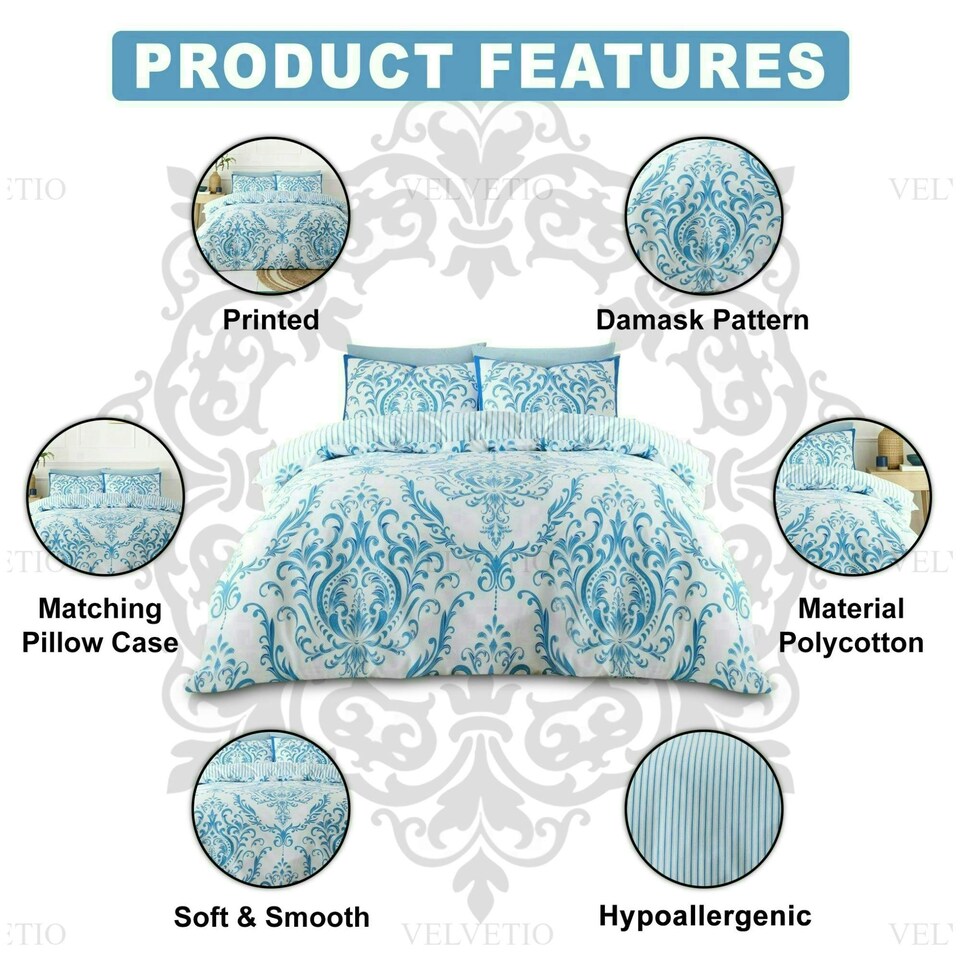 image 1 of VELVETIO Margaux Printed Duvet Cover Set Reversible Polycotton Easy Care Beddings Blue | Single