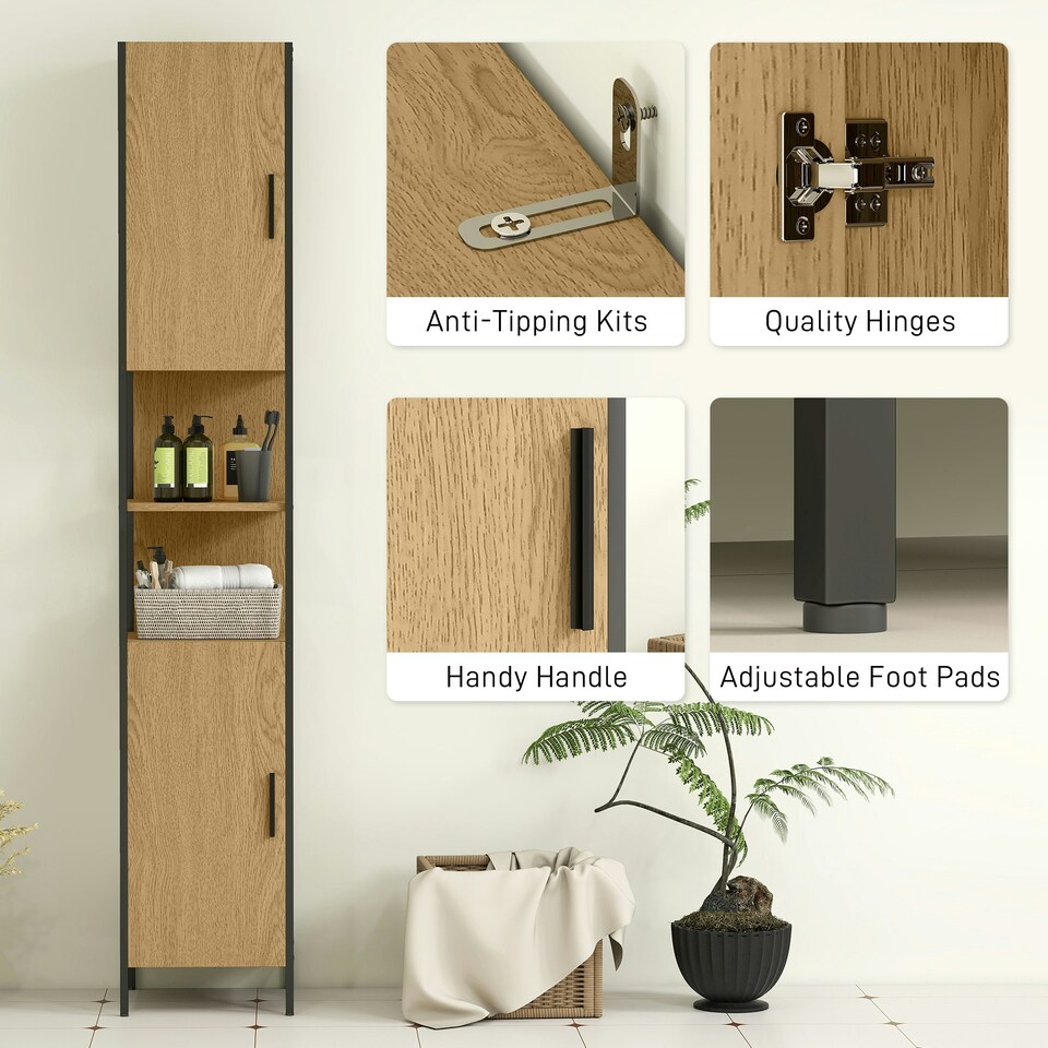 image 1 of HOMCOM Slim Bathroom Storage Cabinet with 2 Doors Open Compartments Natural Brown | Black