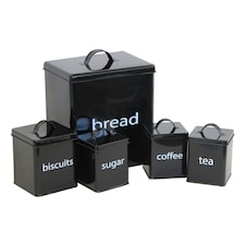 Oypla 5 Piece Black Kitchen Canister Storage Tin Set Bread Biscuits Tea Sugar Coffee Black