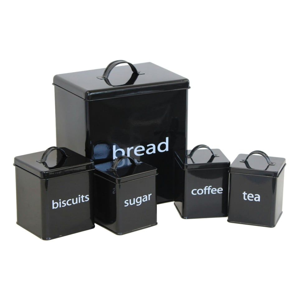 image 1 of Oypla 5 Piece Black Kitchen Canister Storage Tin Set Bread Biscuits Tea Sugar Coffee Black