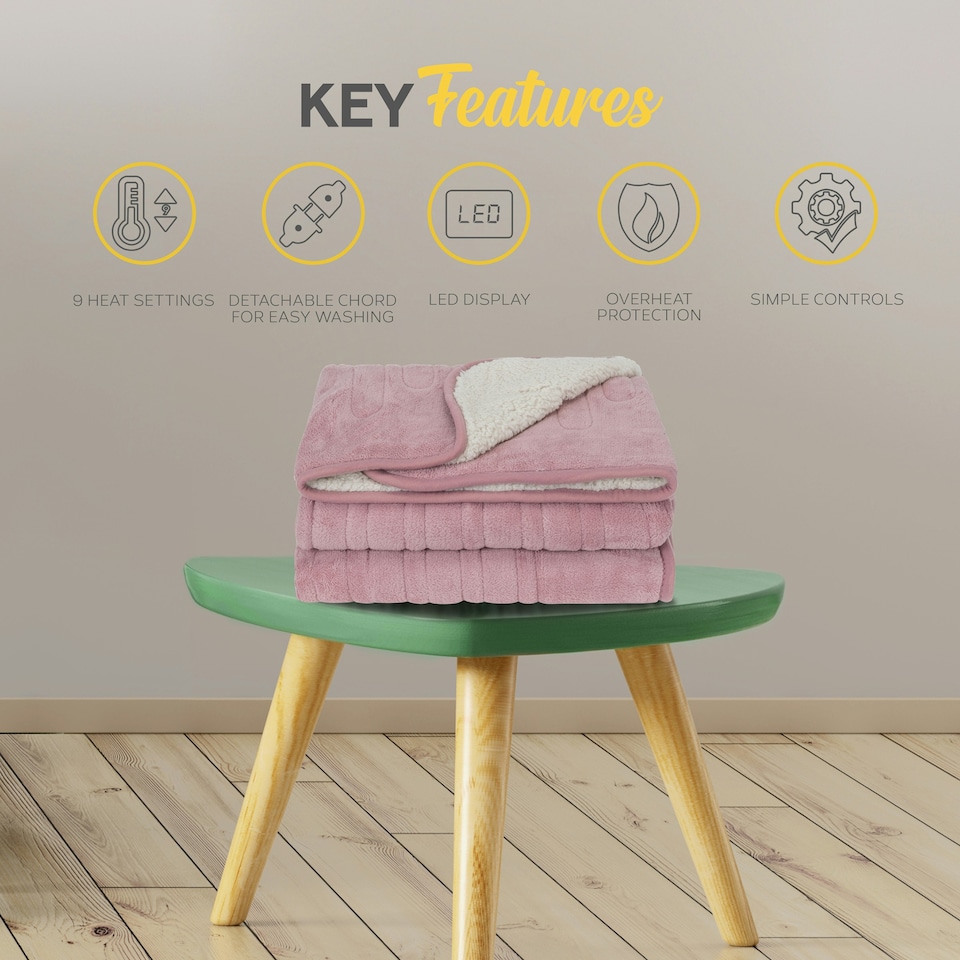 image 1 of MONHOUSE Heated Throw - Electric Blanket - Digital Controller - Timer up to 9 hours, 9 Heat Settings - Machine Washable - Single 130X160cm - PINK SHEARLING