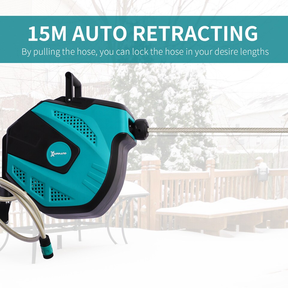 image 1 of DURHAND 15m Garden Hose Reel Wall Mounted Auto Rewind with 7 Patterns Spray Nozzle, Includes Wall Fixings