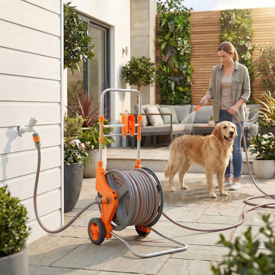 image 1 of Outsunny Hose Reel Cart with Wheels, 45+2m Garden Hose Reel, Orange | Orange | Orange and grey