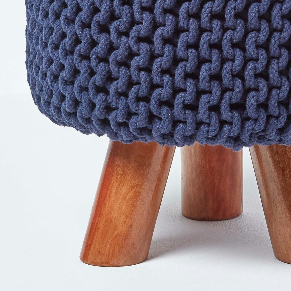 image 1 of Homescapes Navy Tall Cotton Knitted Footstool on Legs
