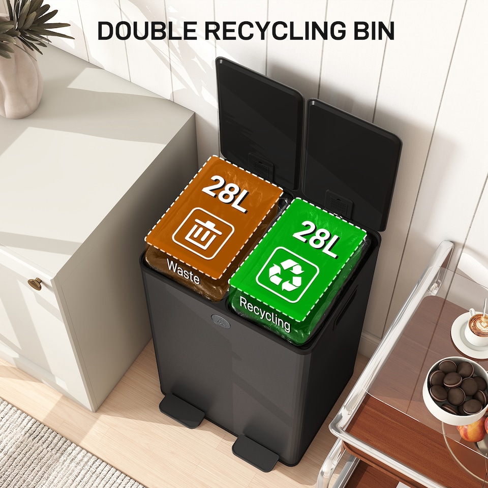 image 1 of HOMCOM 2 x 28L Dual Kitchen Bin Pedal Bin for Recycling and Waste, Black