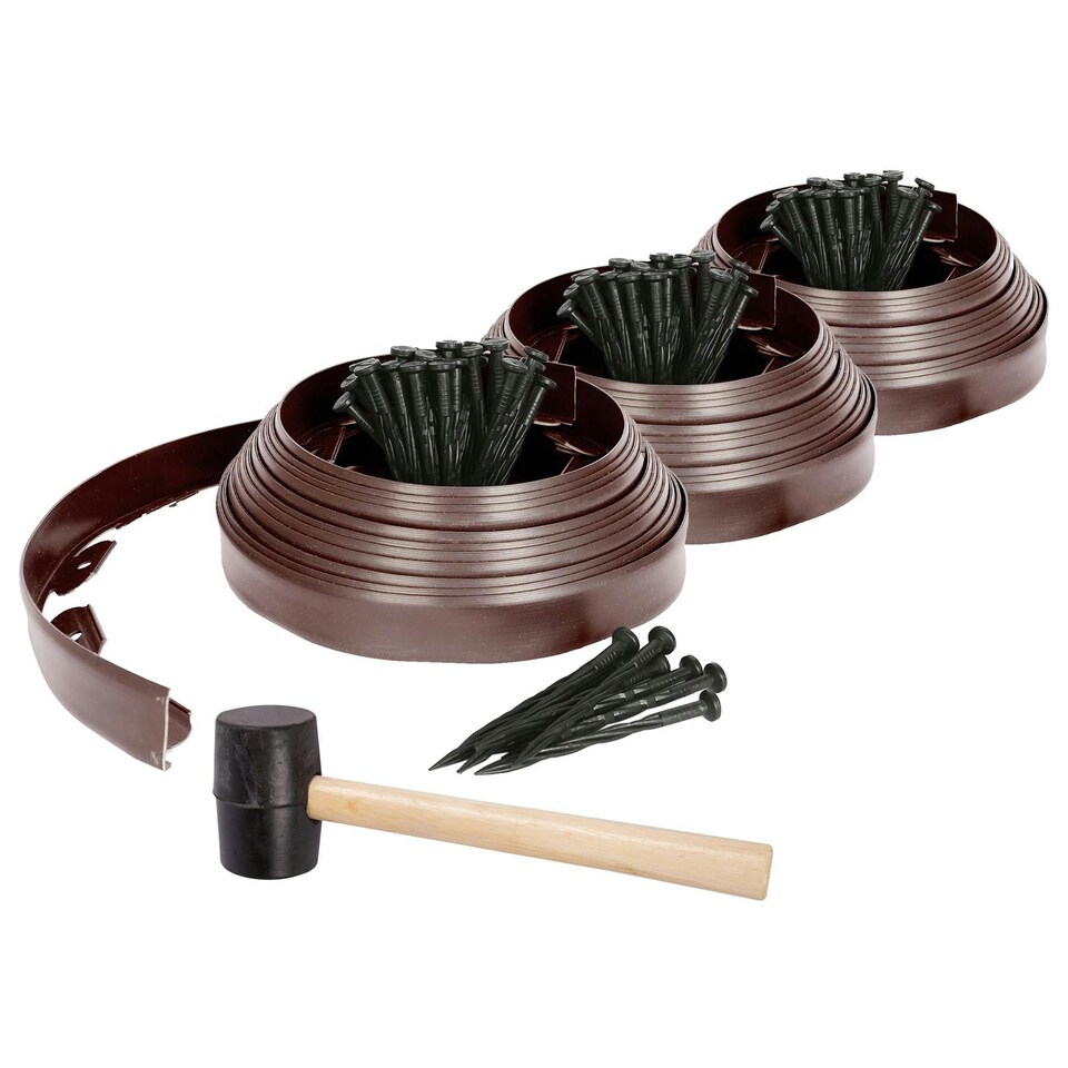 image 1 of Harbour Housewares Flexible Plastic Lawn Edging with 120 Pegs & Mallet - 30m x 4cm - Brown