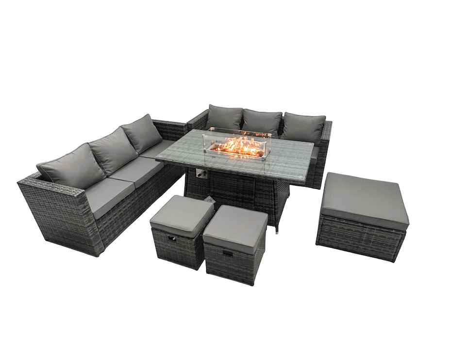 image 1 of Fimous Rattan Garden Furniture Firepit Dining Set 9 Seater Lounge Sofa Table Set with 3 Footstool