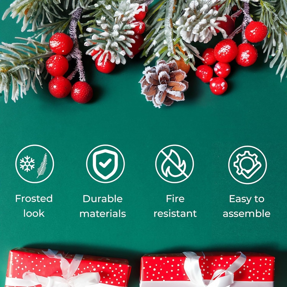 image 1 of Neo 2.1 m 7 ft Christmas Xmas Tree Flocked Snowy Effect Fake Pine Cone Red Berries Metal Stand Flocked Tips | Green