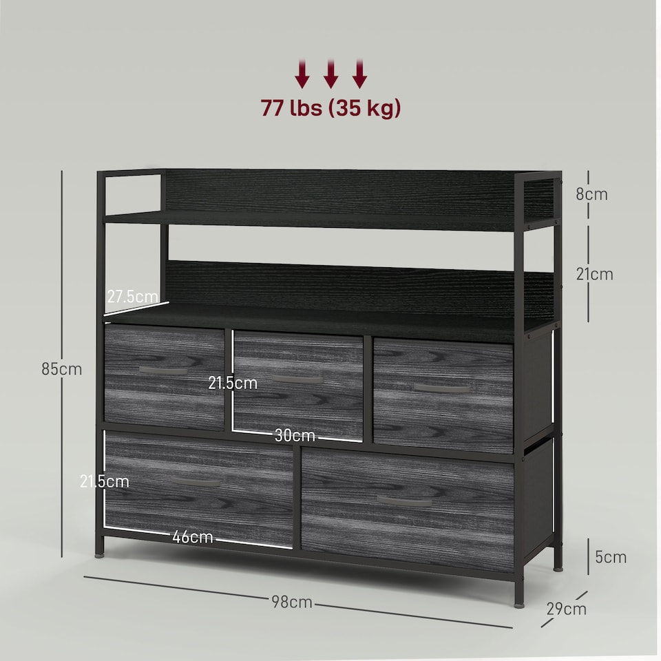 image 1 of HOMCOM Bedroom Chest of Drawers, Fabric Dresser with 5 Drawers, Storage Organiser Unit with Open Shelves and Metal Frame for Living Room, Entryway, Black | Black | Black