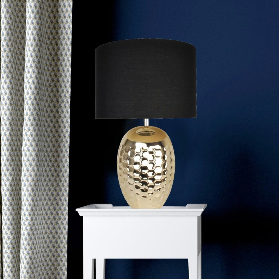 image 1 of First Choice Lighting Set of 2 Textured Ceramic Bedside Table Pale Gold Plated Finish and Black Textured Cotton Fabric Shade Gold | Black