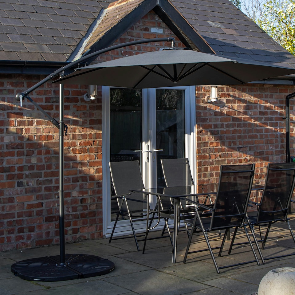 image 1 of Outdoor 4 Person Rectangular Glass Top Garden Dining Table Chairs With Grey Banana Parasol and Base