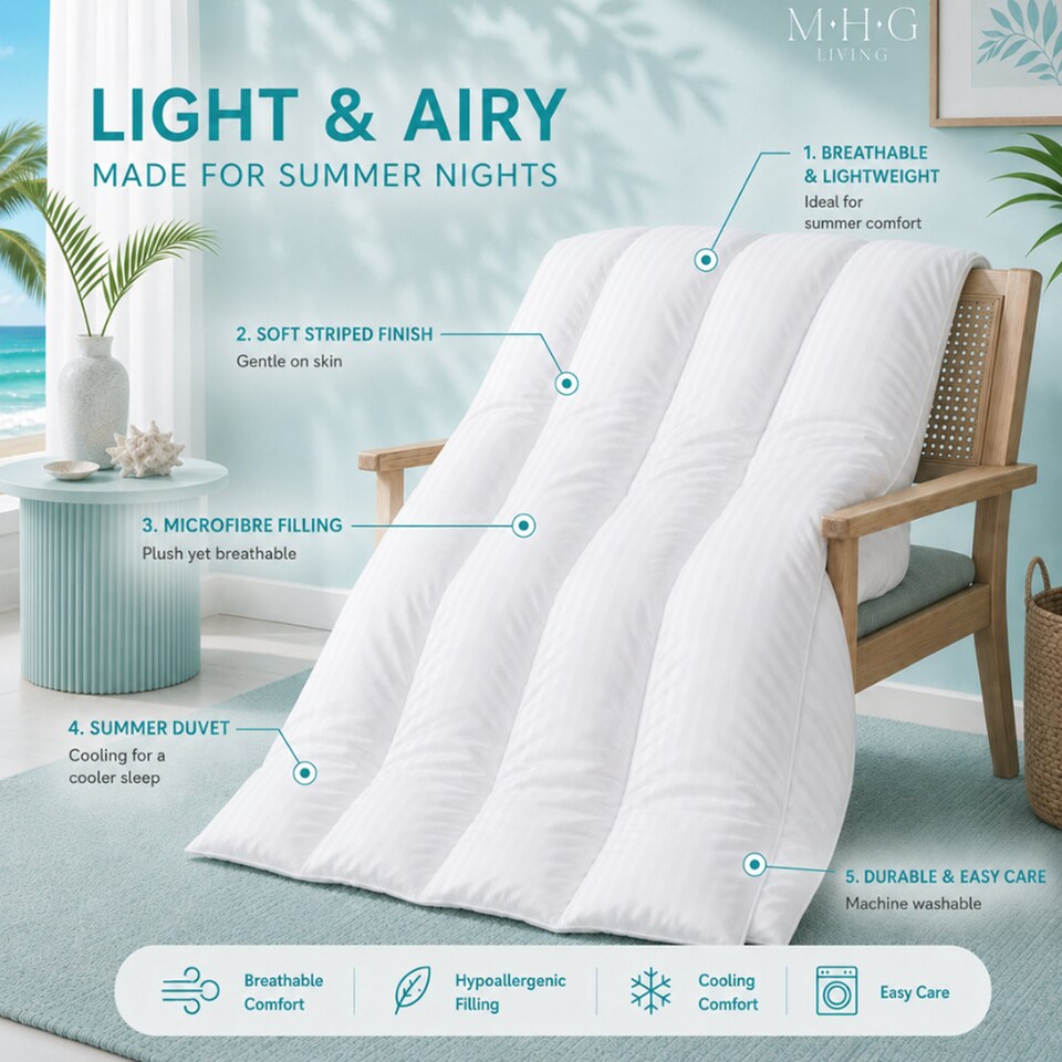image 1 of Premium 1 Tog Summer Duvet Quilt - Lightweight Striped Microfibre, Breathable & Hypoallergenic