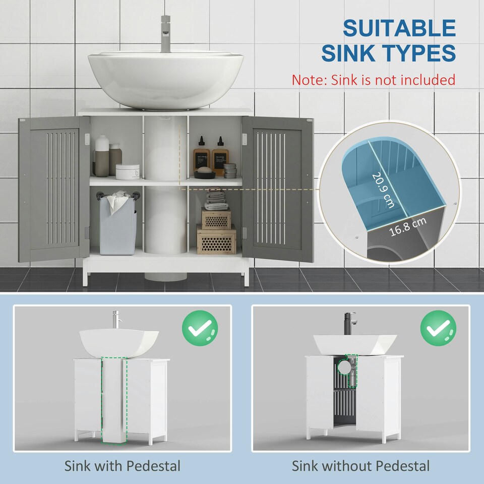 image 1 of kleankin Bathroom Pedestal Under Sink Cabinet with Storage Shelf, 2 Doors, Grey Grey | Grey