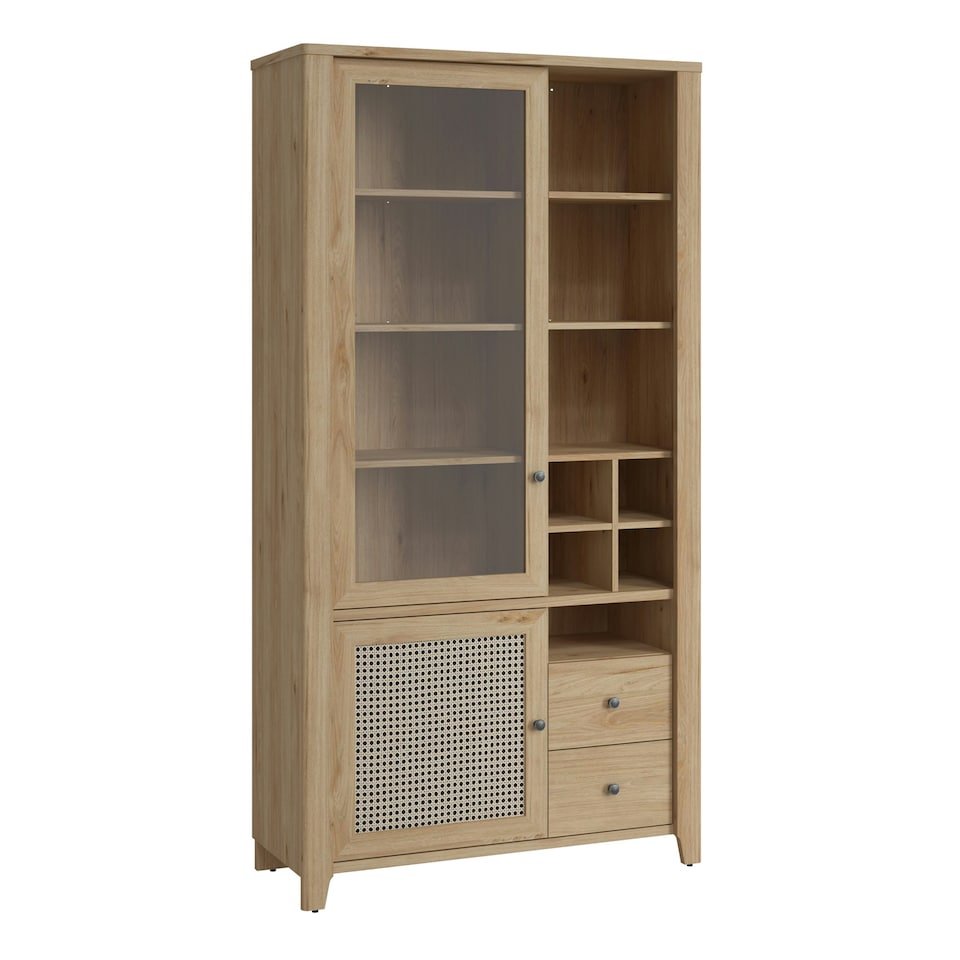 image 1 of Cestino 2 Door 2 Drawer Display Cabinet in Jackson Hickory Oak and Rattan Effect