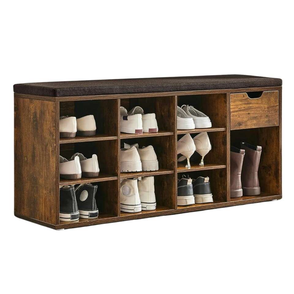 image 1 of 10 Compartment Shoe Storage Bench Industrial Rustic Brown Brown