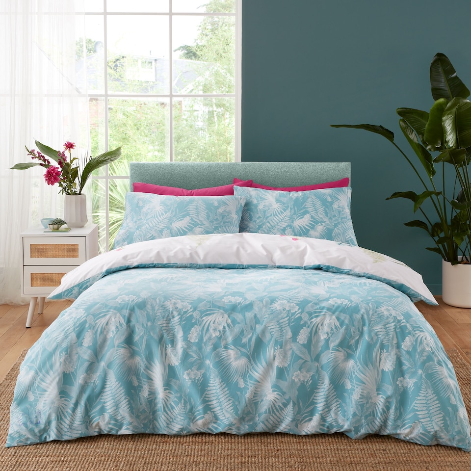 image 1 of Aruba Tropical Floral Reversible Duvet Cover Set | Green
