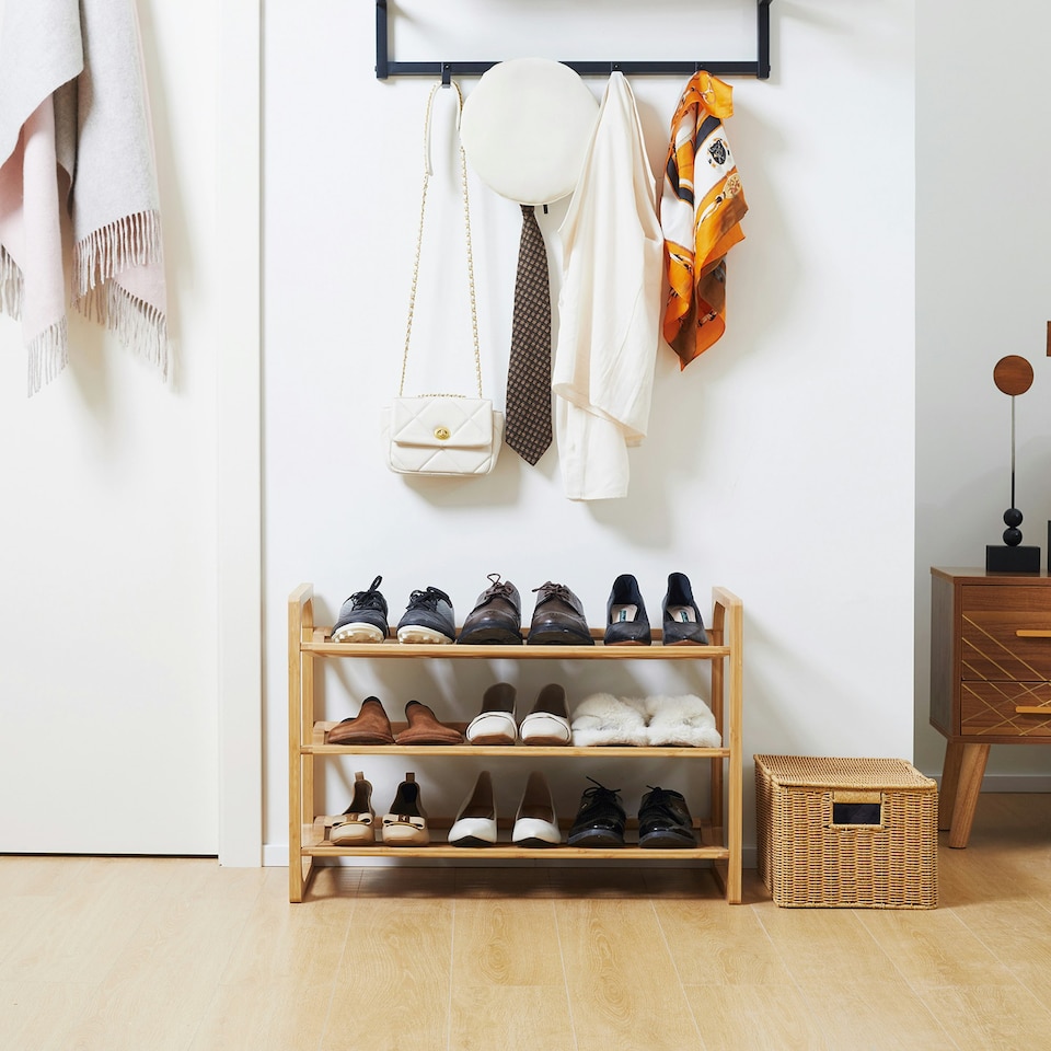 image 1 of HOMCOM Bamboo Shoe Rack, 3-tier Shoe Storage Shelf for 9 Pair Shoes for Entryway