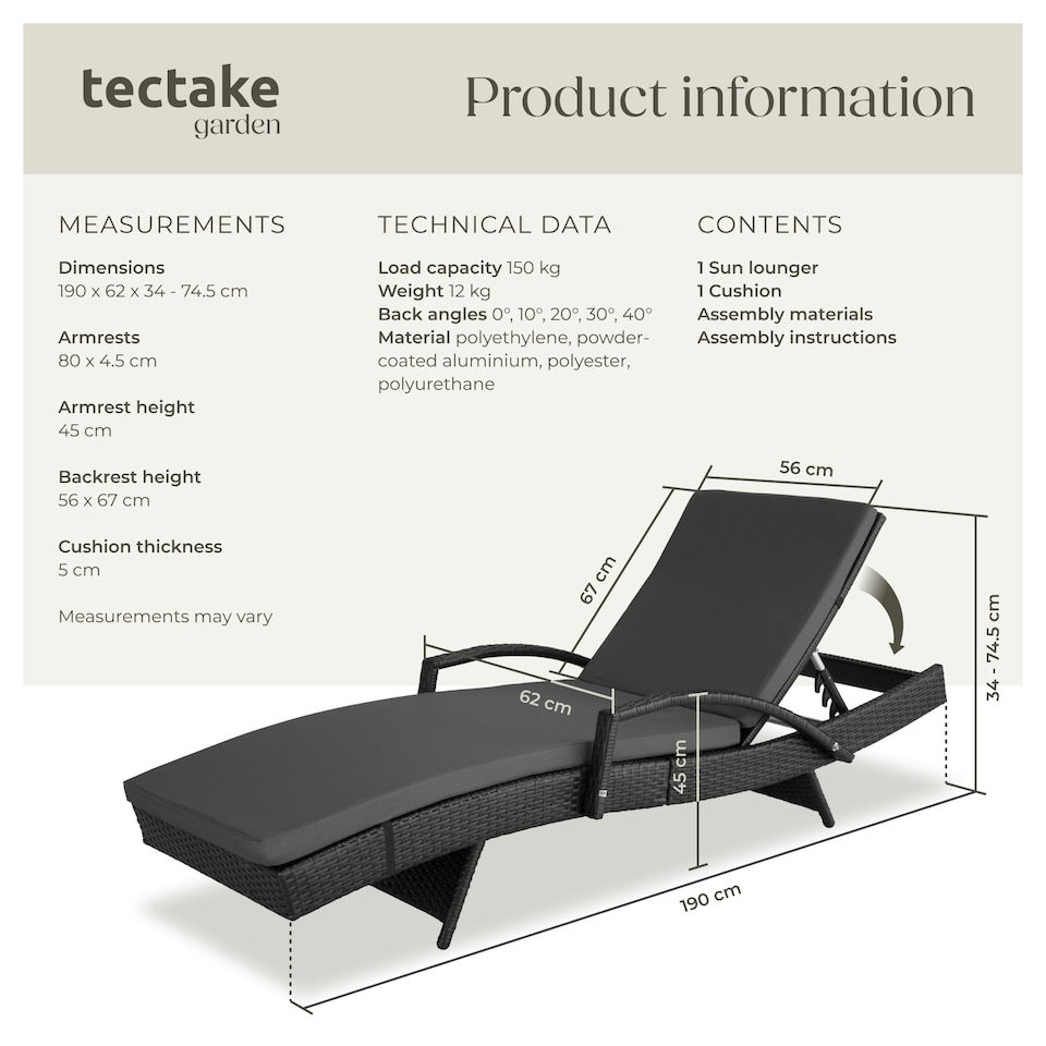 image 1 of Sun Lounger Oceane - with aluminum frame, 5-step adjustable backrest, UV-resistant Black