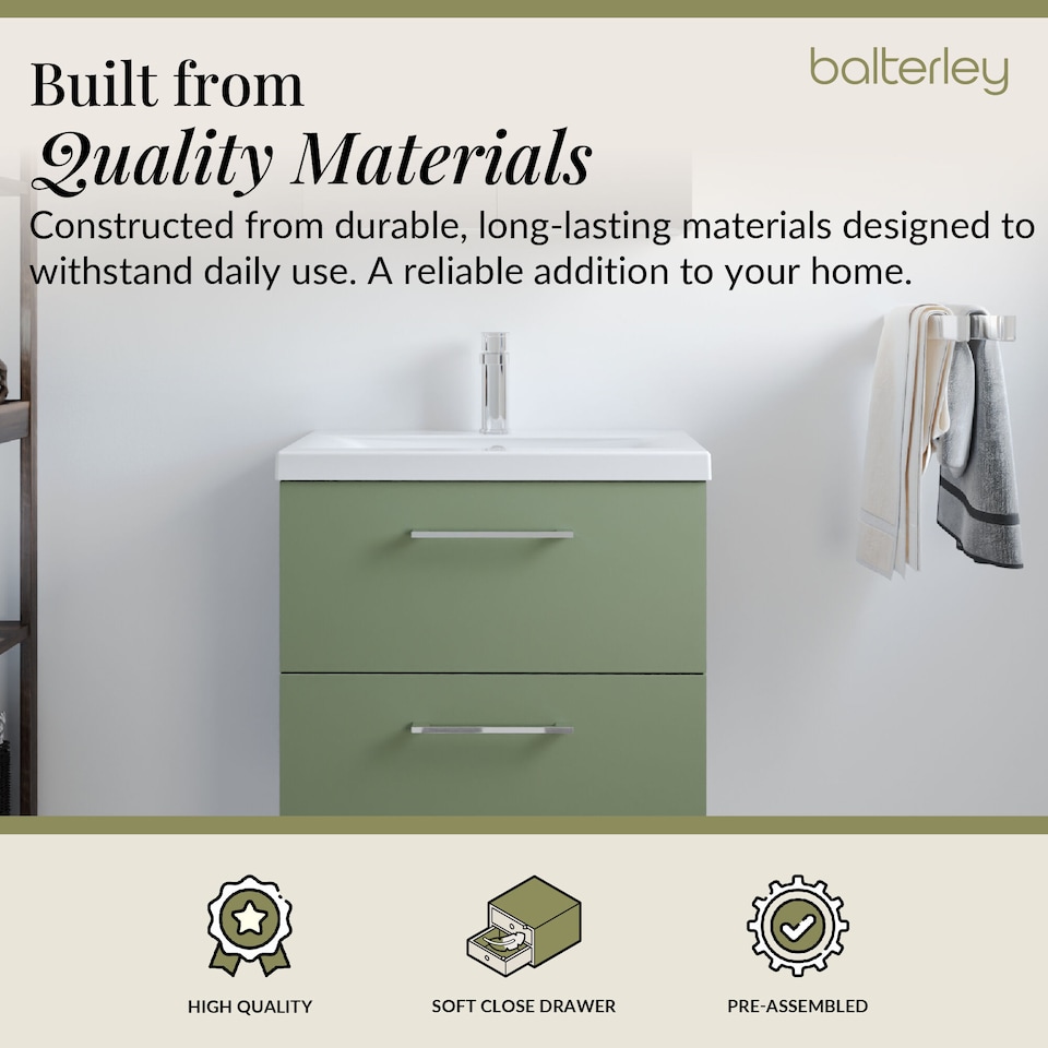 image 1 of Bathroom Wall Hung 2 Soft Close Drawer Vanity Unit, Satin Green, 610mm | Green | Satin Green | 579 x 610 x 390mm