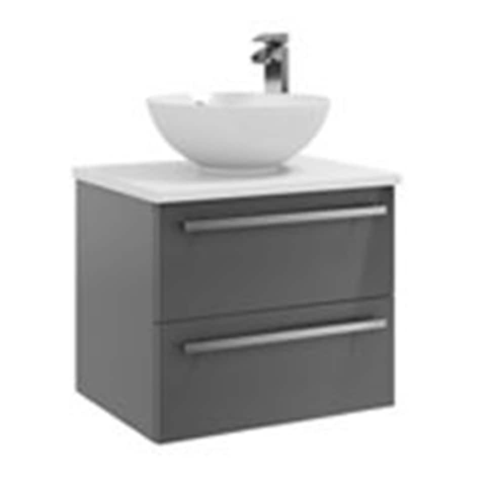 image 1 of Bathroom 2-Drawer Wall Hung Vanity Unit with Sit-On Basin and Worktop 600mm Wide - Storm Grey Gloss  - Brassware Not Included | Grey | Grey | 1